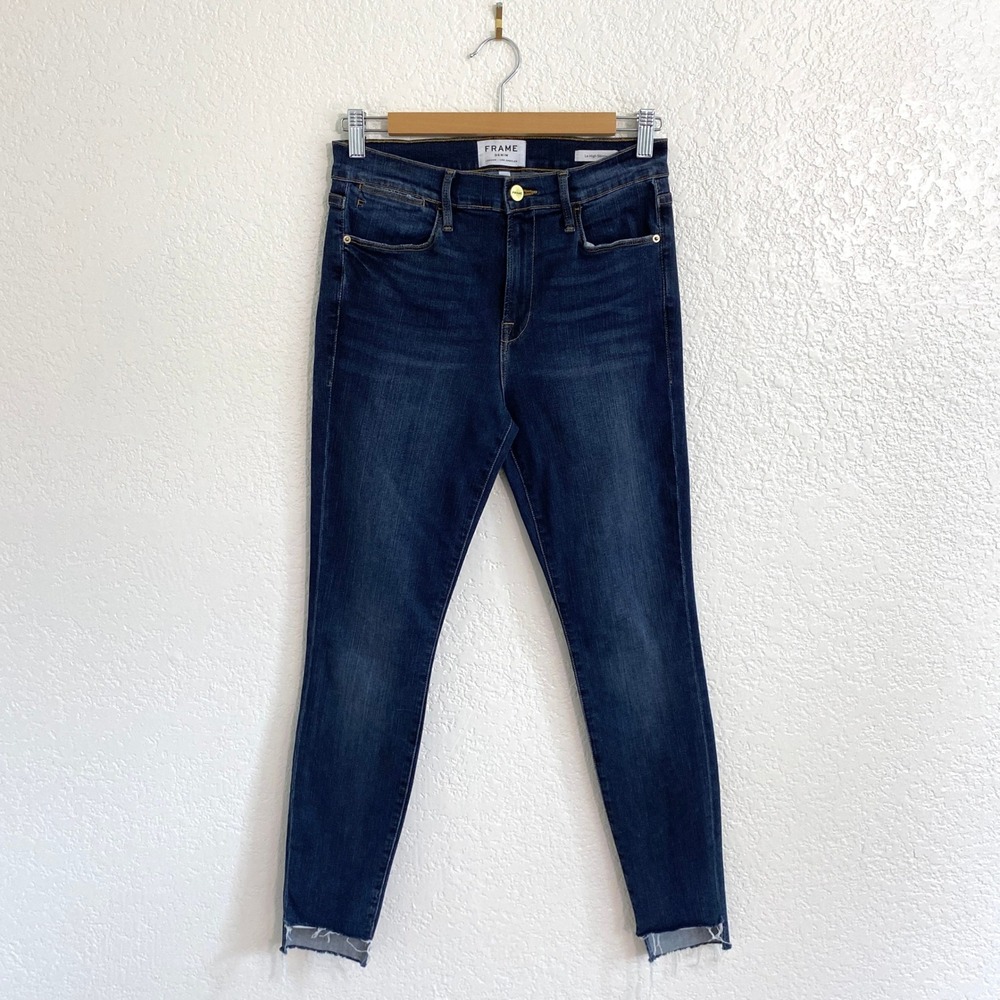 FRAME‎ Le High Skinny Jeans Raw Step Hem Blanch Wash Dark Stretch Denim Sz 28